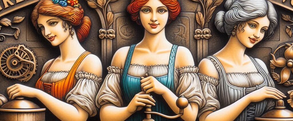 3 Powerfrauen an der Gewürzmühle, KI generiertes Bild 3 Powerfrauen am Handwerk, KI generiertes Bild